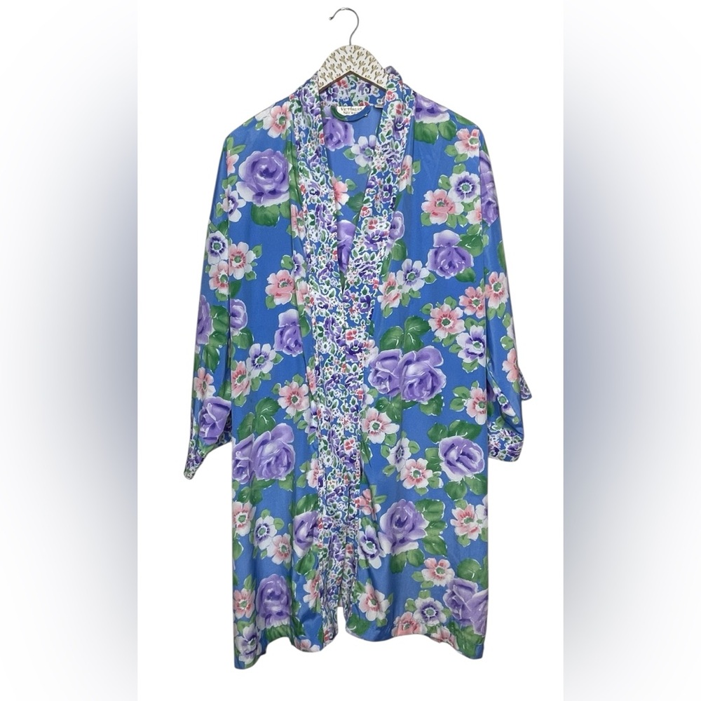 Vintage 90s Victorias Secret Robe Floral Satin Kimono Purple Blue Pink Lingerie